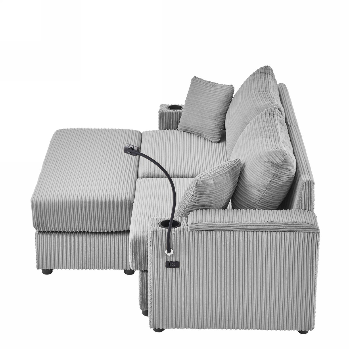 72.8" Modern Style Loveseat with Storage Space, Movable Ottoman, Two USB Ports, Two Cup Holders and Phone Holder - Gray