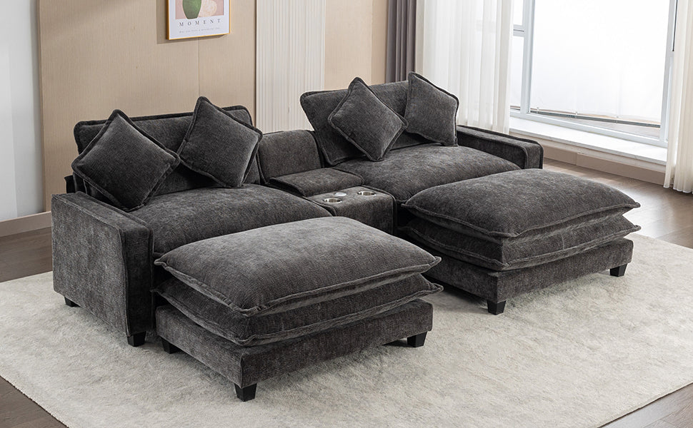 112.6" Chenille Upholstered Sofa with Two Ottomans, Two USB Ports, Two Cup Holders and Large Storage Box -Dark Gray