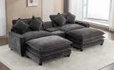 112.6" Chenille Upholstered Sofa with Two Ottomans, Two USB Ports, Two Cup Holders and Large Storage Box -Dark Gray