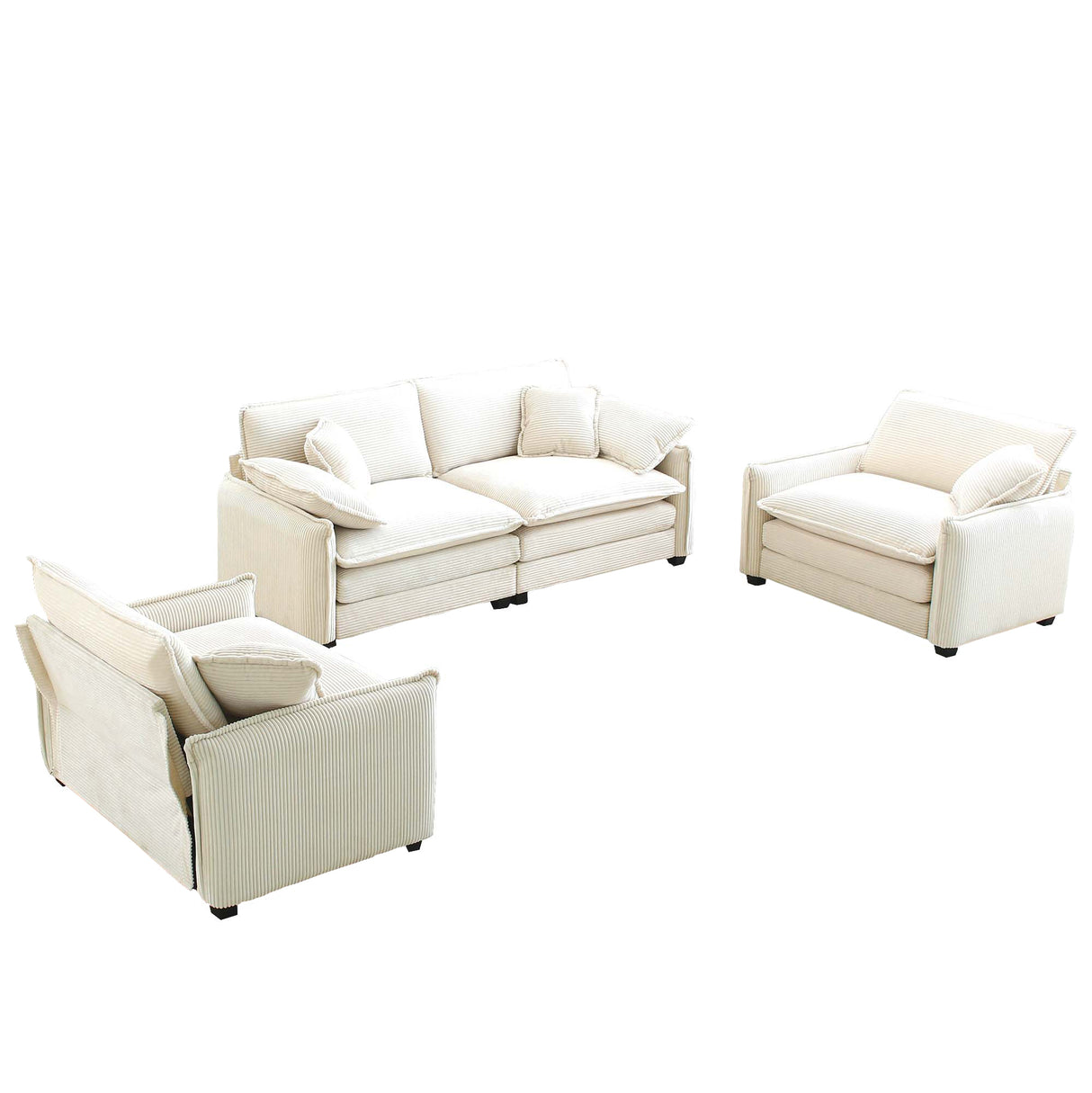 Luxurious and Sophisticated 3 Piece Corduroy Living Room Set with Soft Cushions and Pillows - White