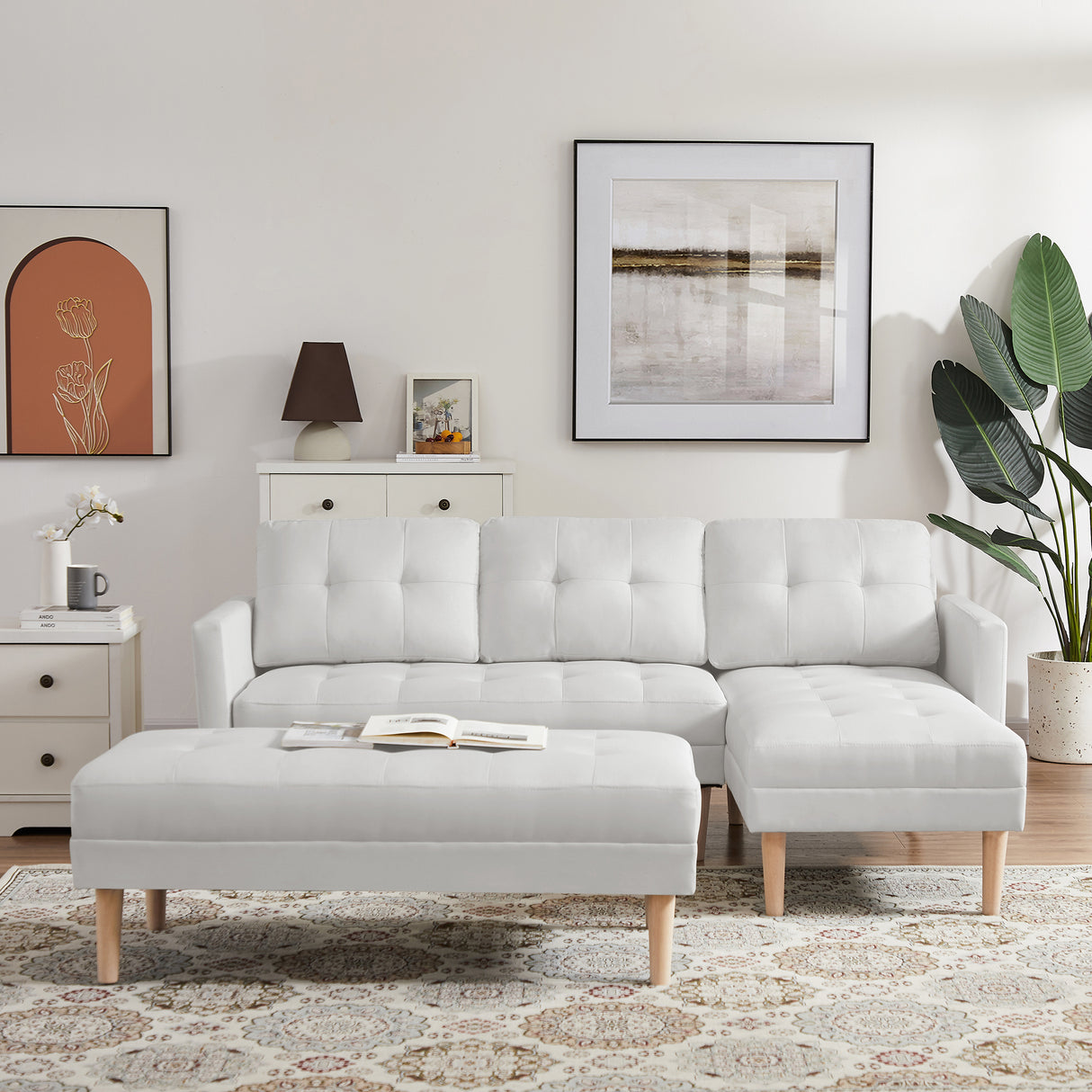 White Fabric Right Facing Sofa Chaise with Ottoman - White