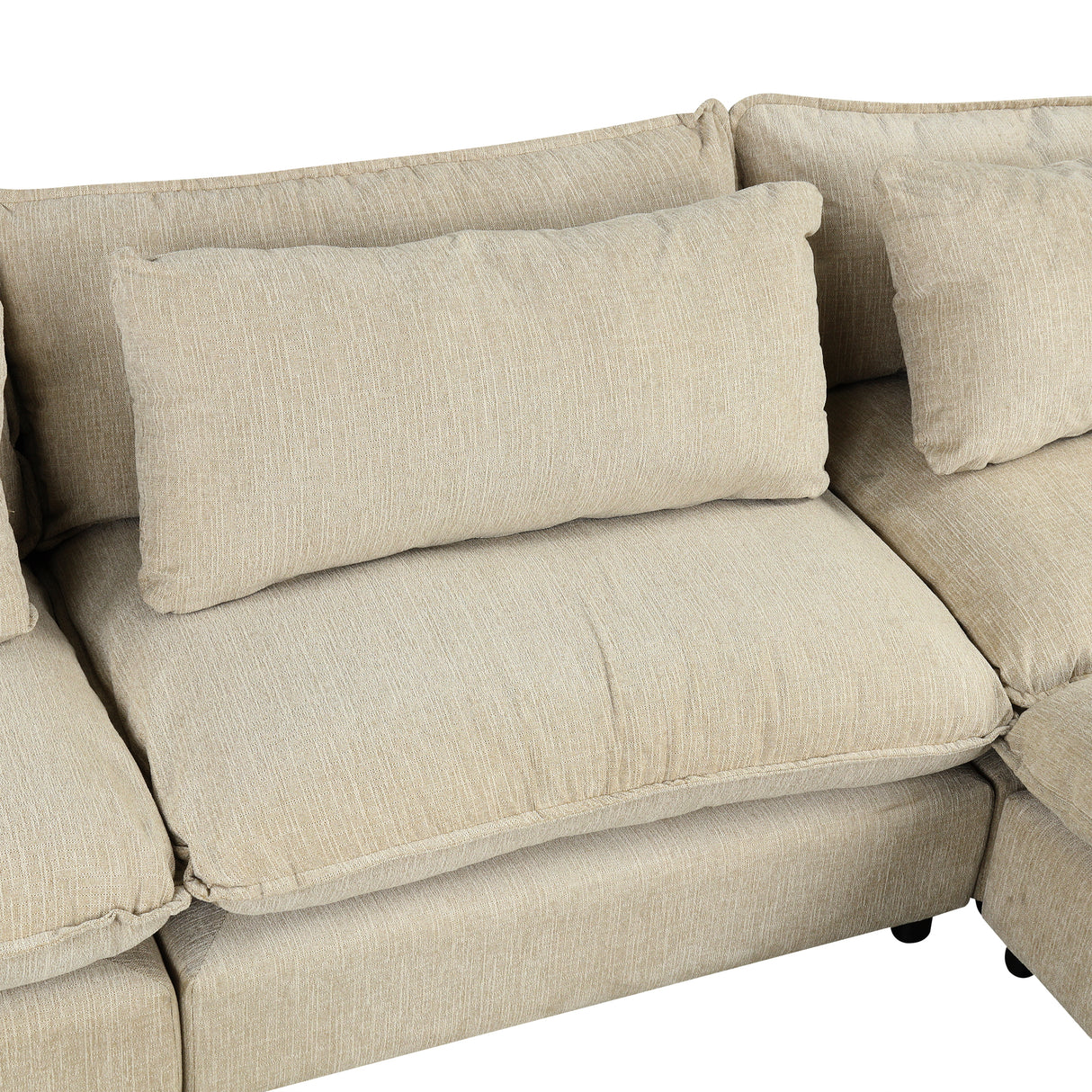 128" Chenille Cloud Sofa with Ottoman, Charging Ports and Three Back Pillows, Beige