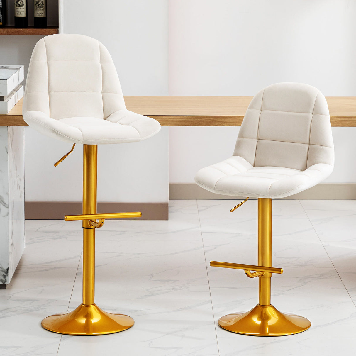 Velvet Swivel Adjustable Height Bar Stool With Gold Base (Set of 2) - White