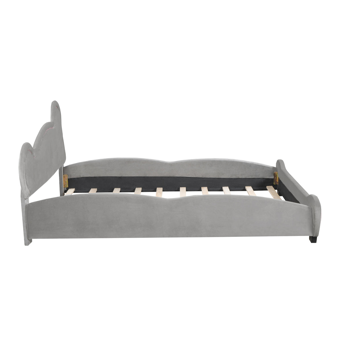 Queen Size Velvet Platform Bed with Bear-Shaped Headboard and  Storage Pocket, Gray