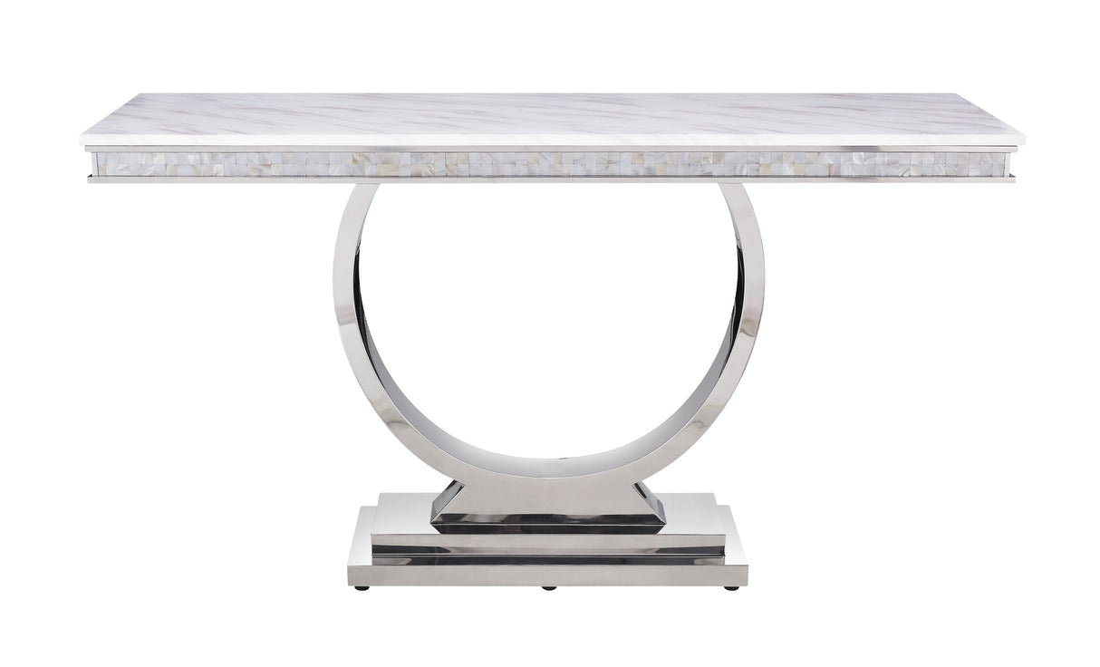 Zander - Printed Faux Marble Top Mirrored Sofa Table - Silver / White