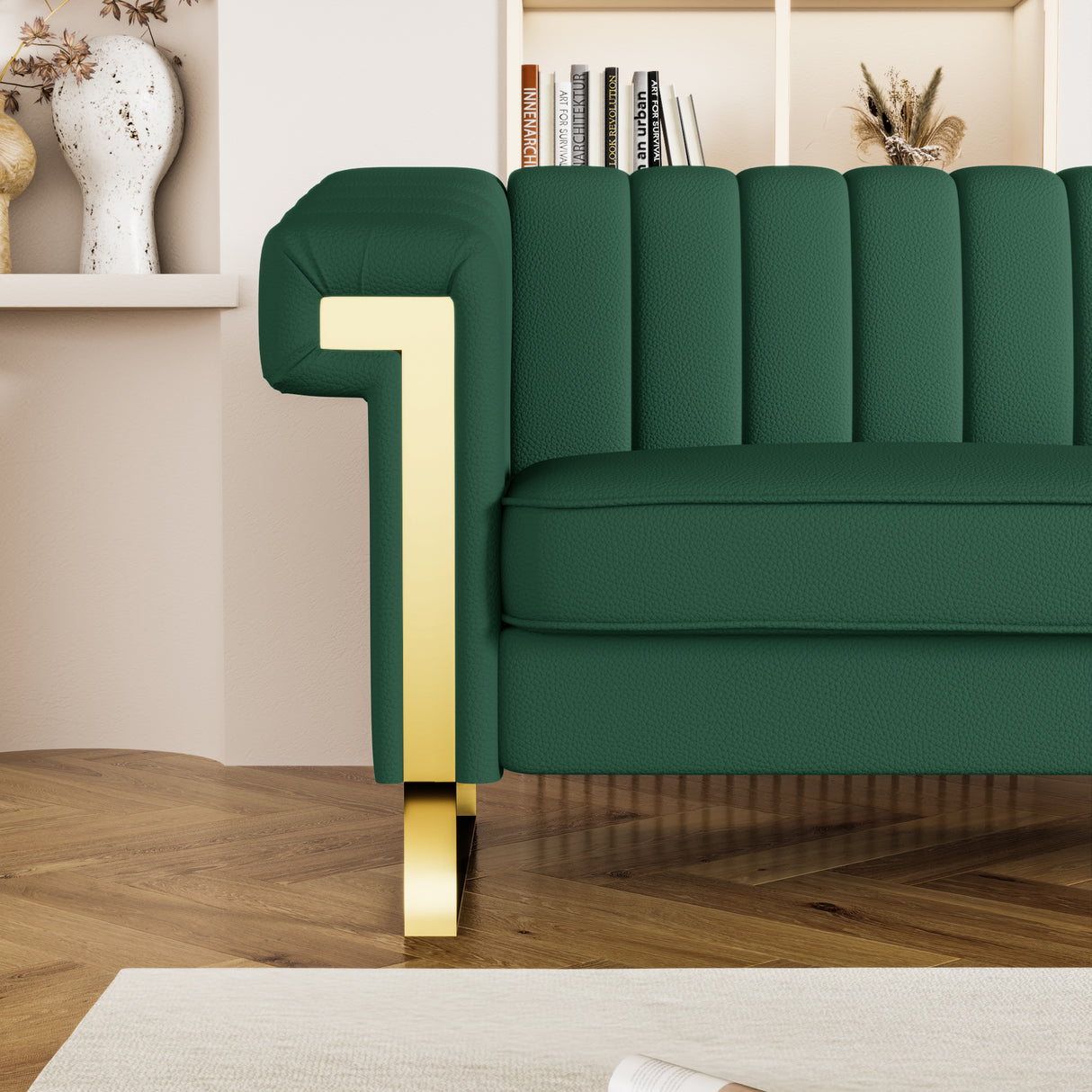 Modern PU Leather Sofa with Gold Accents - Green