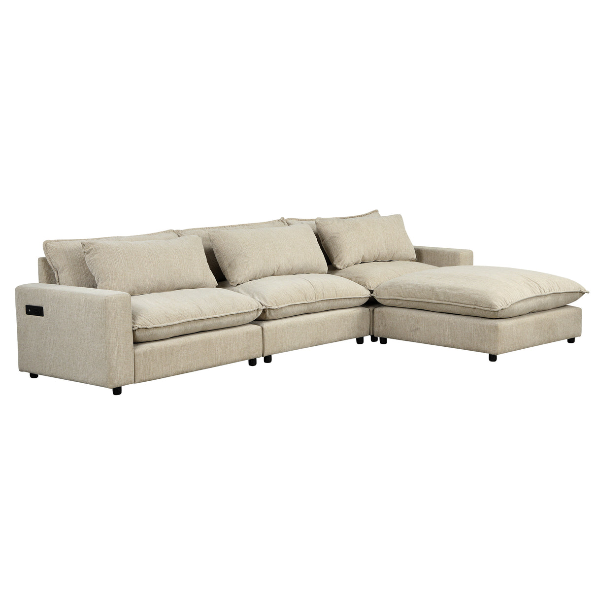 128" Chenille Cloud Sofa with Ottoman, Charging Ports and Three Back Pillows, Beige