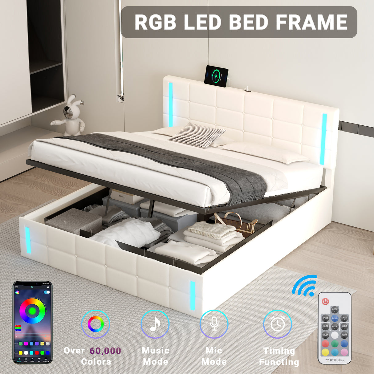 Queen Size Upholstered Bed with LED Lights, Hydraulic Storage System and USB Charging Station,White