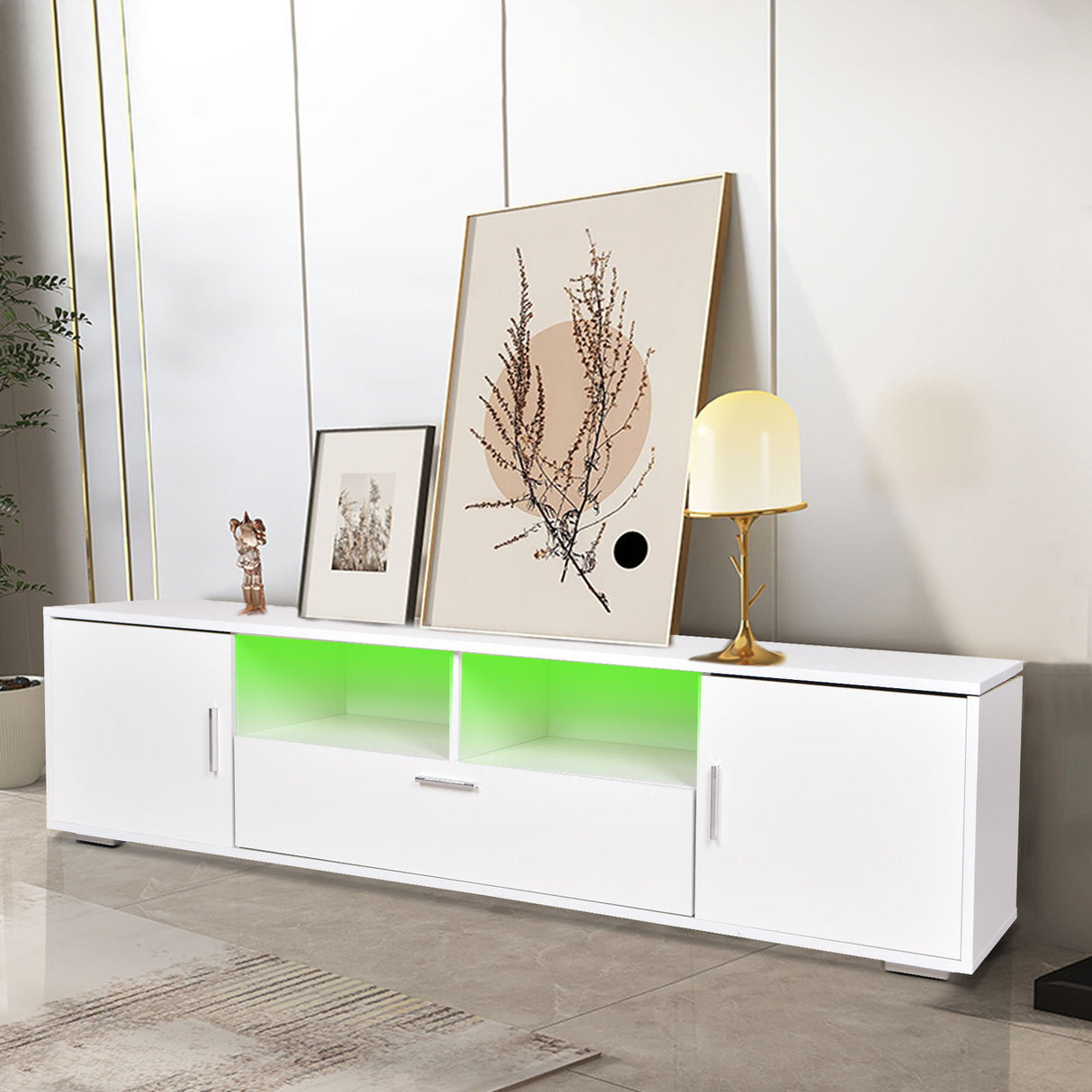 Modern TV Stand With LED Lights With Storage For Up To 75" TVs - White