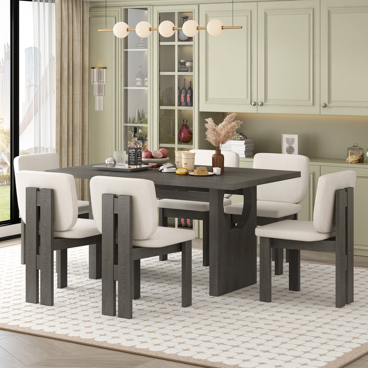 TREXM 7-Piece Retro Dining Set With Trestle Base and 6 Upholstered Chairs (Grey)