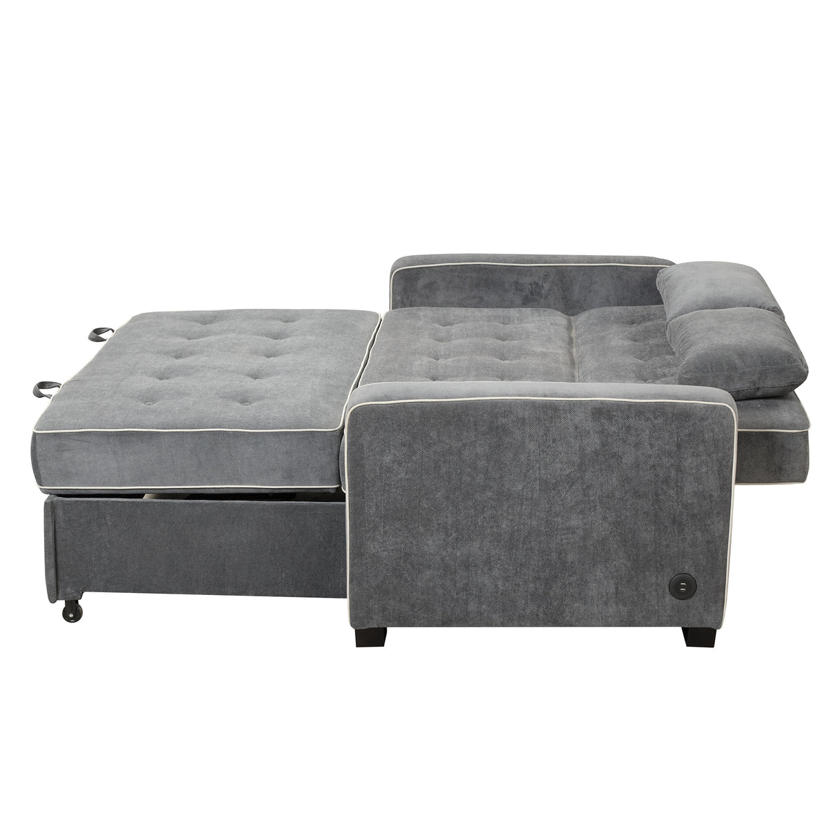 Upholstered Loveseat with Pull Out Sofa, Two Throw Pillows, Dual USB Charging Port And Adjustable Backrest - Gray