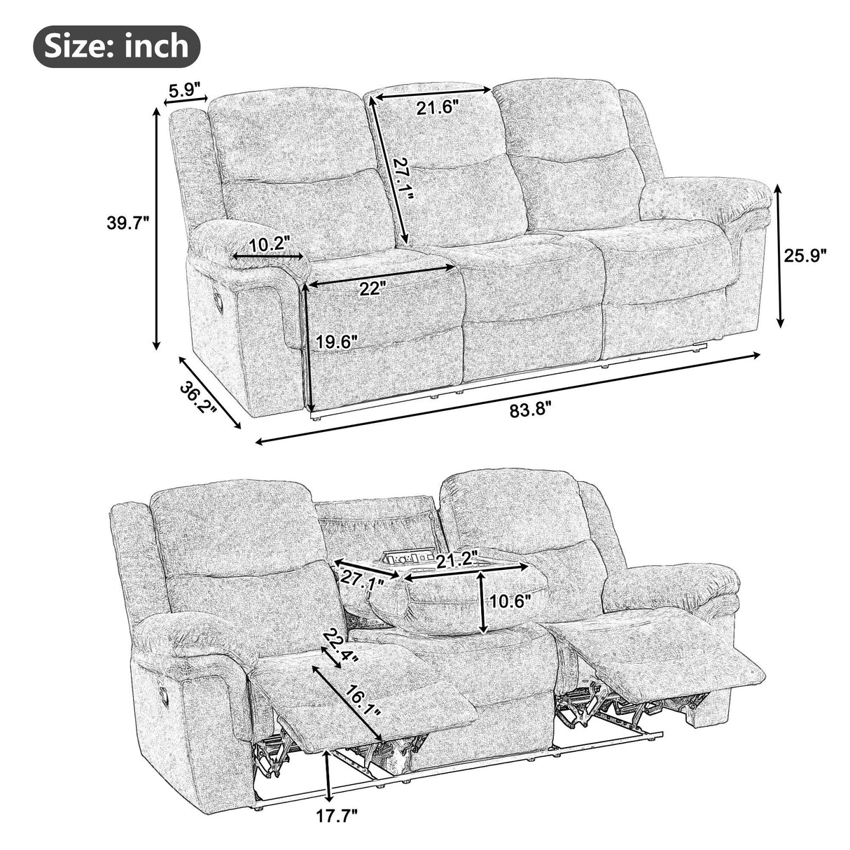 Reclining Sofa With Cup Holder, 2 USB Ports, 2 Power Sockets - Dark Blue