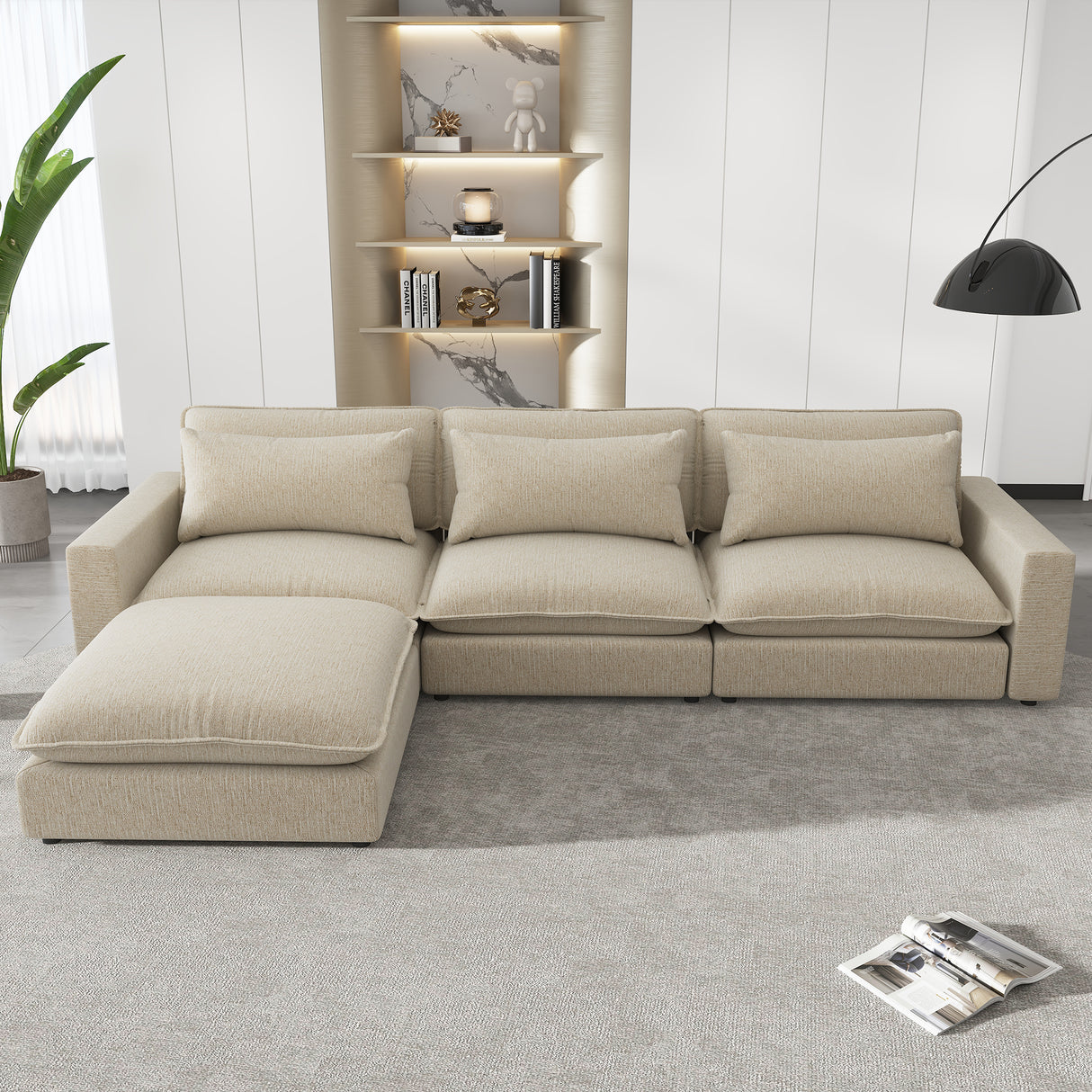 128" Chenille Cloud Sofa with Ottoman, Charging Ports and Three Back Pillows, Beige