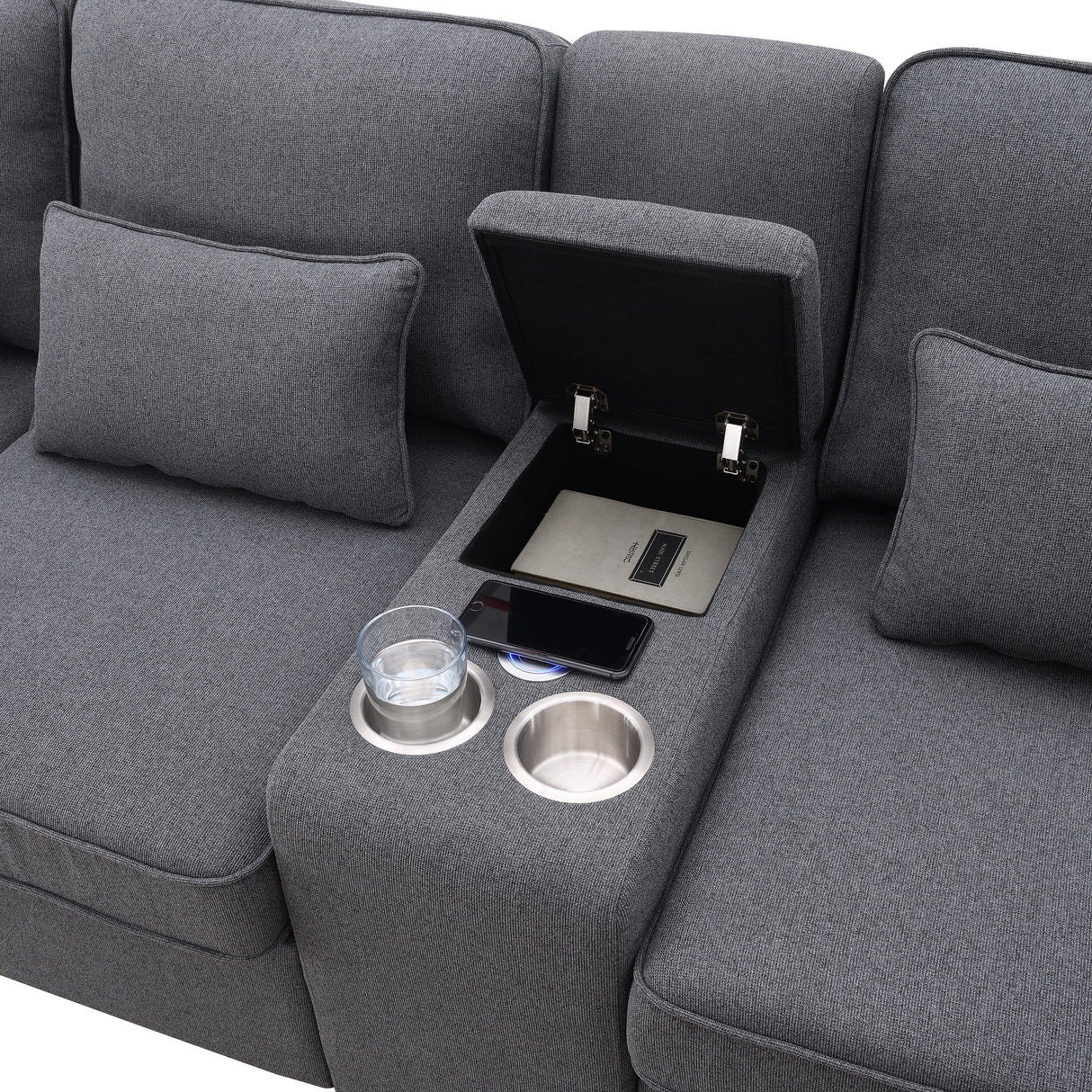 114.2" Upholstered Sofa with Console, 2 Cupholders, 2 USB Ports for Wired or Wireless Charge with 4 Pillows - Charcoal Gray