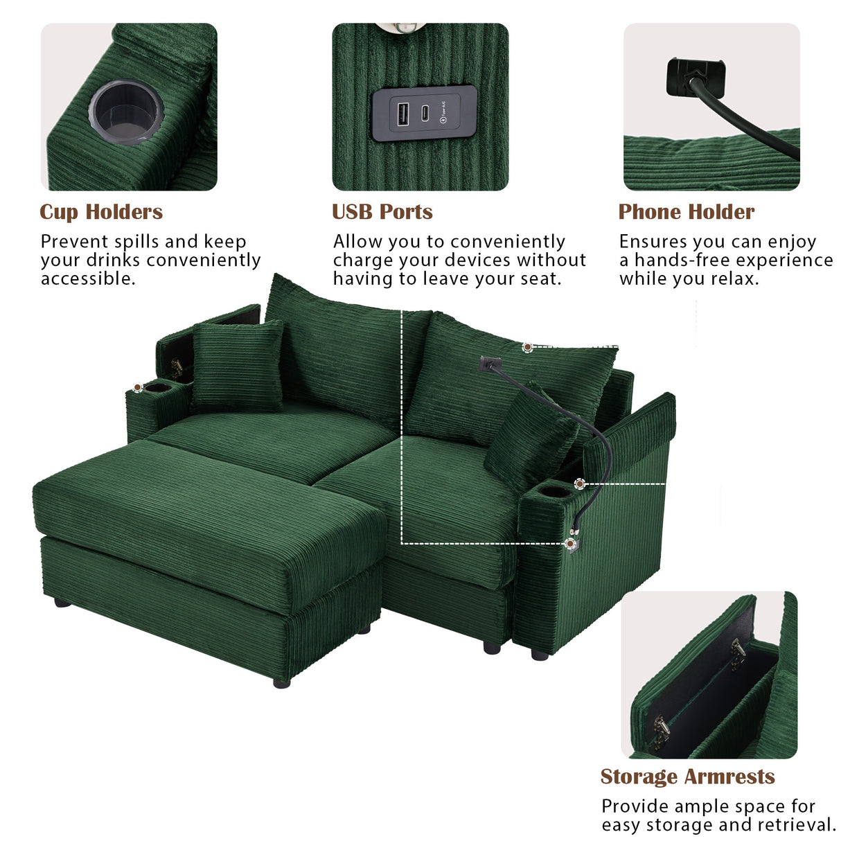 72.8" Modern Style Loveseat with Storage Space, Movable Ottoman, Two USB Ports, Two Cup Holders and Phone Holder - Green