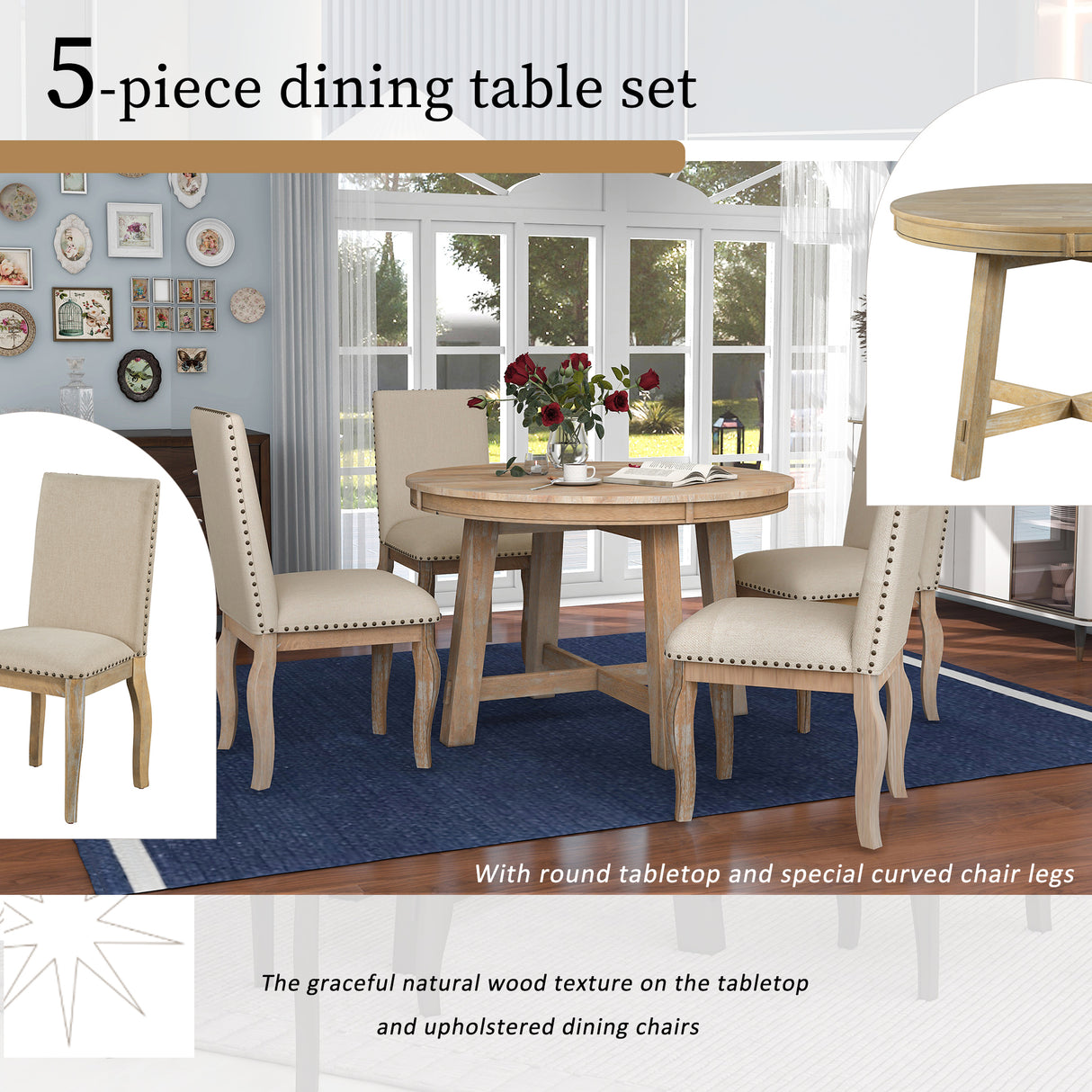 5-Piece Farmhouse Dining Table Room Set With Round Extendable Table and 4 Upholstered Dining Chairs (Natural Wood Wash)