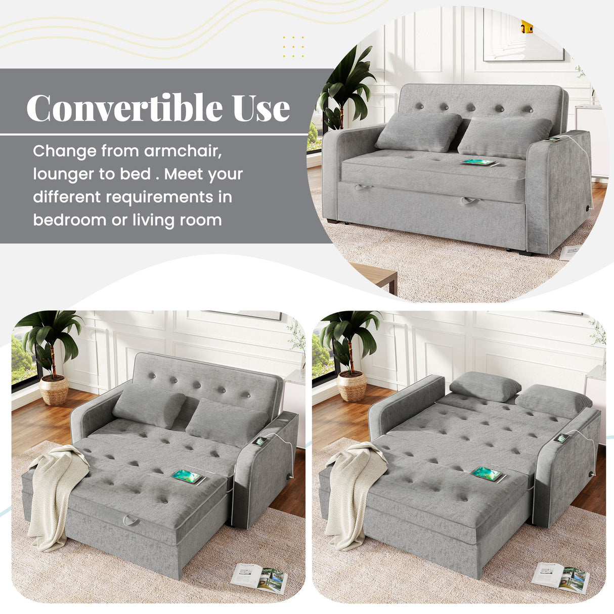 66.5" Upholstered Loveseat With Pull Out Bed, Two Throw Pillows, Dual USB Charging Port and Adjustable Backrest - Light Gray