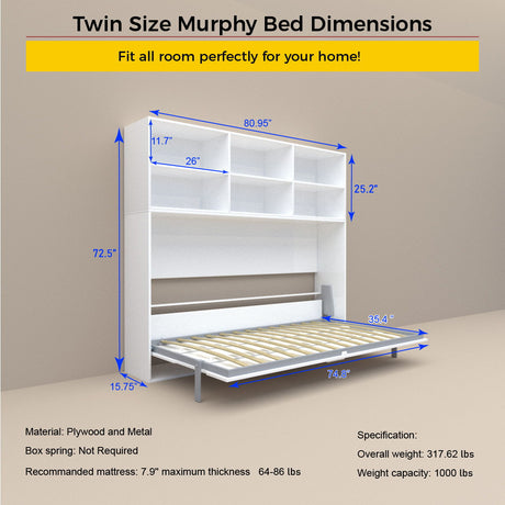 Mordern Design Twin Size Murphy Bed With Shelf Storage - White