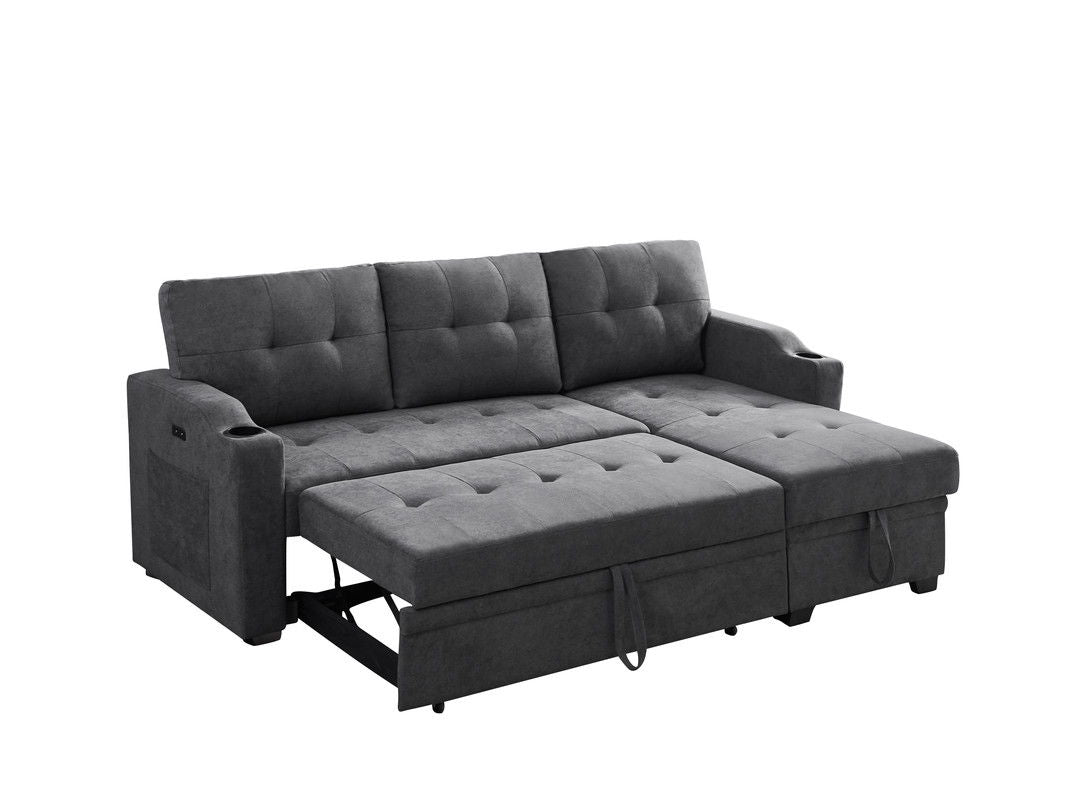 Mabel - Woven Fabric Sleeper Sofa With Cupholder, USB Charging Port nd Pocket - Dark Gray