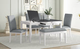 Farmhouse 6-Piece Dining Set with Storage Table with Drawer, and Upholstered Dining Chairs - White+Gray