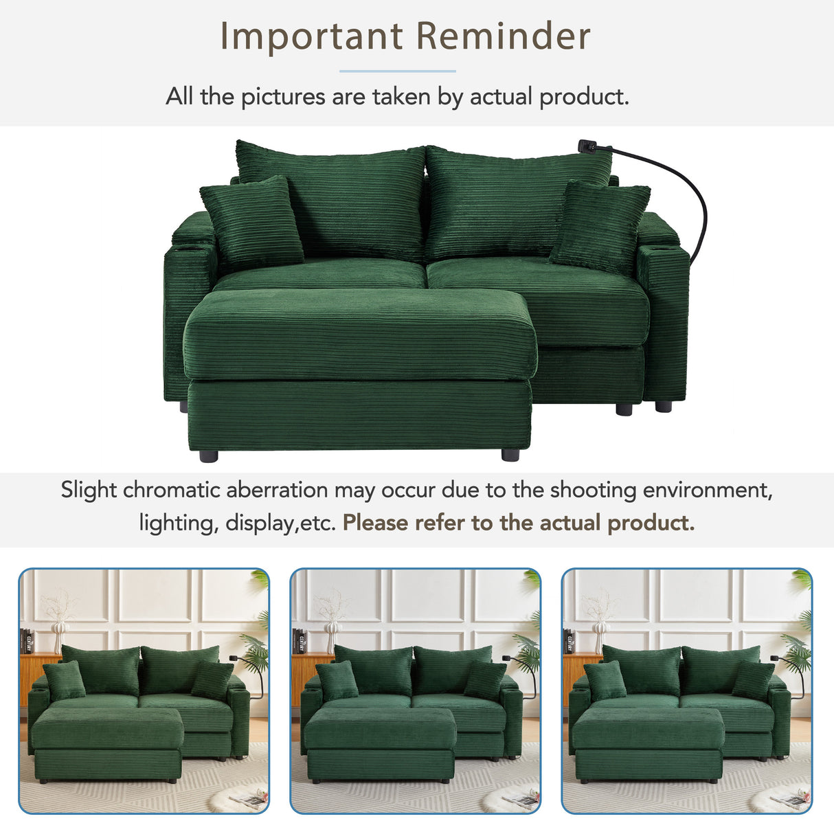 72.8" Modern Style Loveseat with Storage Space, Movable Ottoman, Two USB Ports, Two Cup Holders and Phone Holder - Green