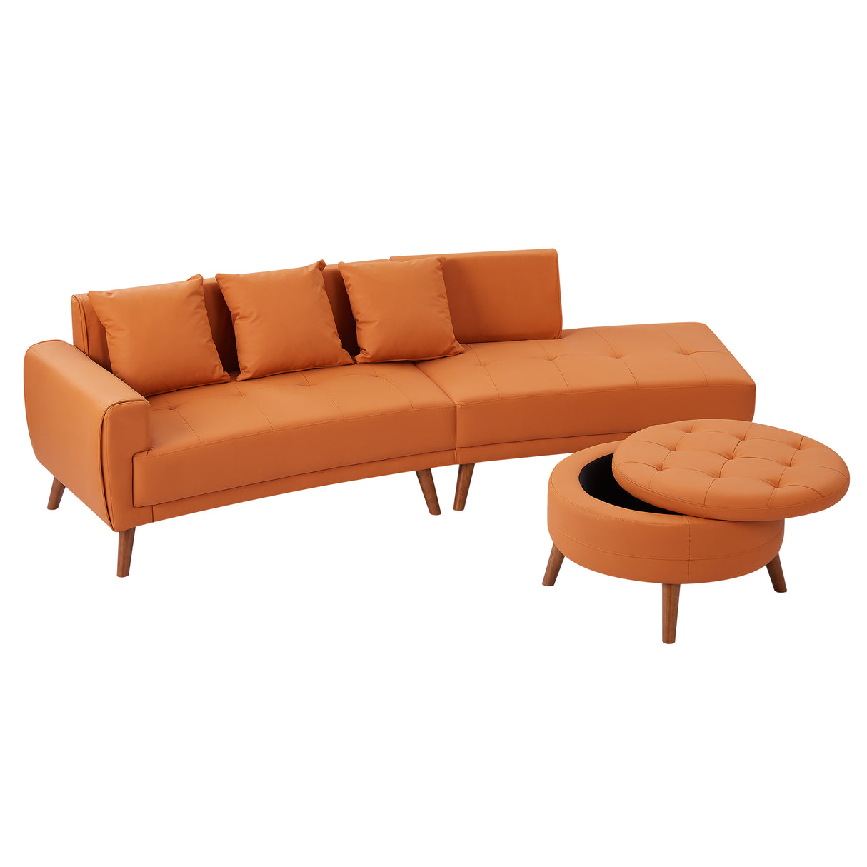 107" Contemporary Sofa with a Round Storage Ottoman and Three Removable Pillows - Orange