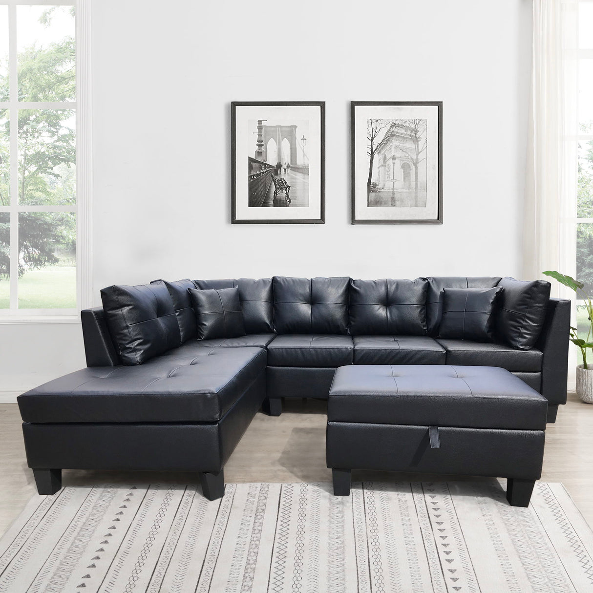 Sectional with Storage Ottoman and 2 Throw Pillows - Black