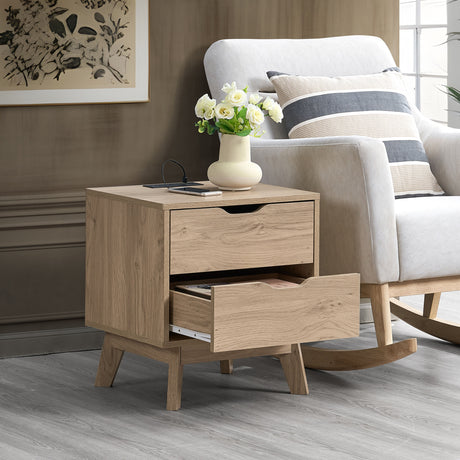 Nordica - Night Stand With Charging Station With USB & Type-C, Drawer Slide Pre-Assembly, End Table With Drawers For Bedroom Living Room, Side Table For Bedroom - Natural Oak