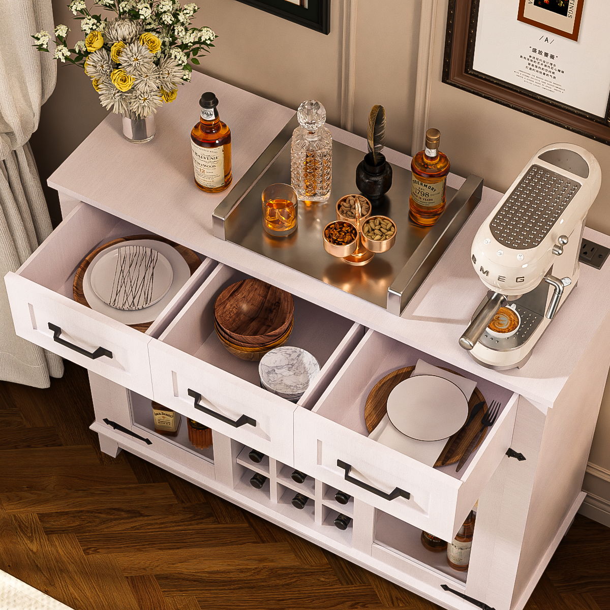 Modern Farmhouse Accent Cabinet With Storage, LED, Charging Station, Wine & Glass Rack and 3 Drawers - Antique White