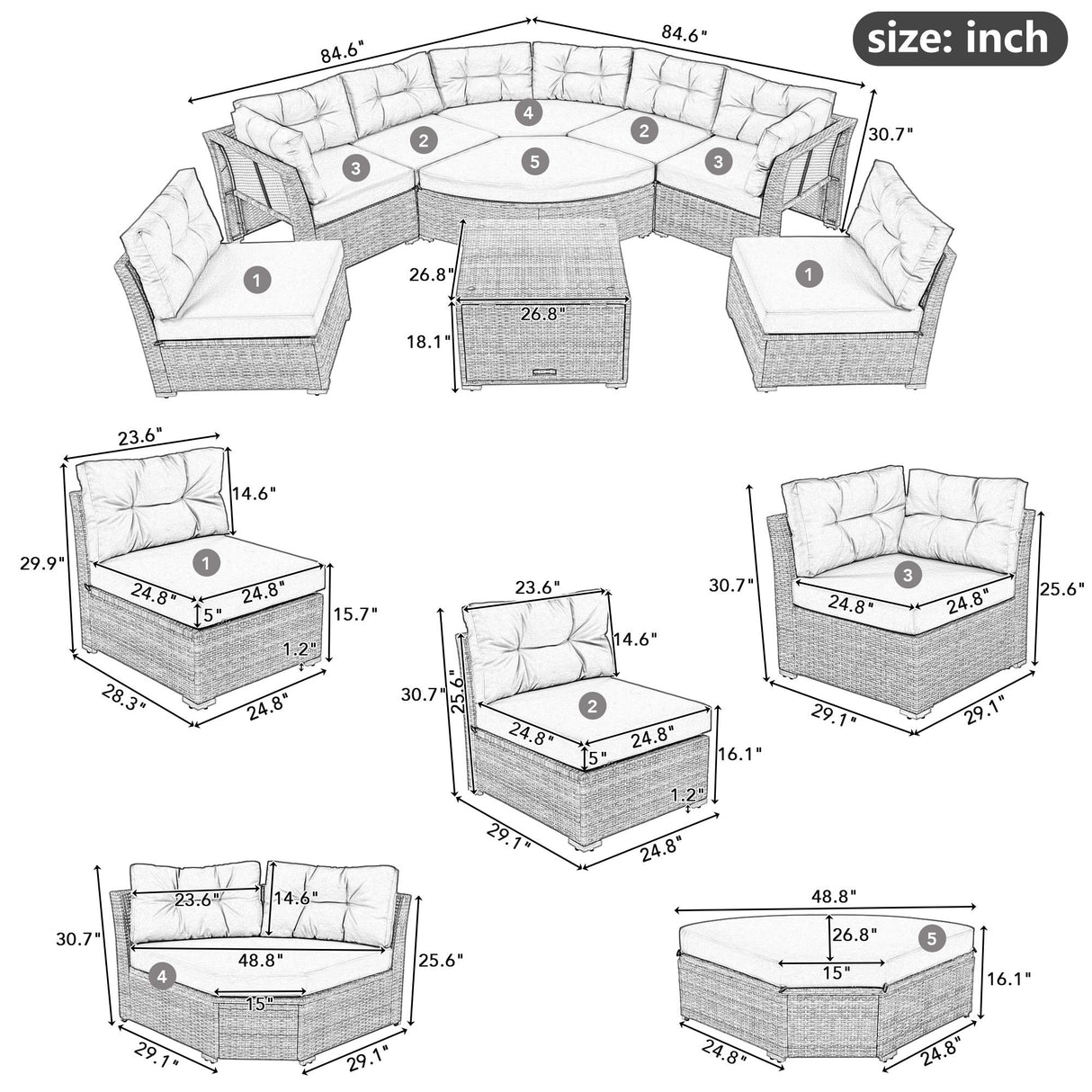 Outdoor Rattan Daybed Sectional With Cushions And Center Table - Gray