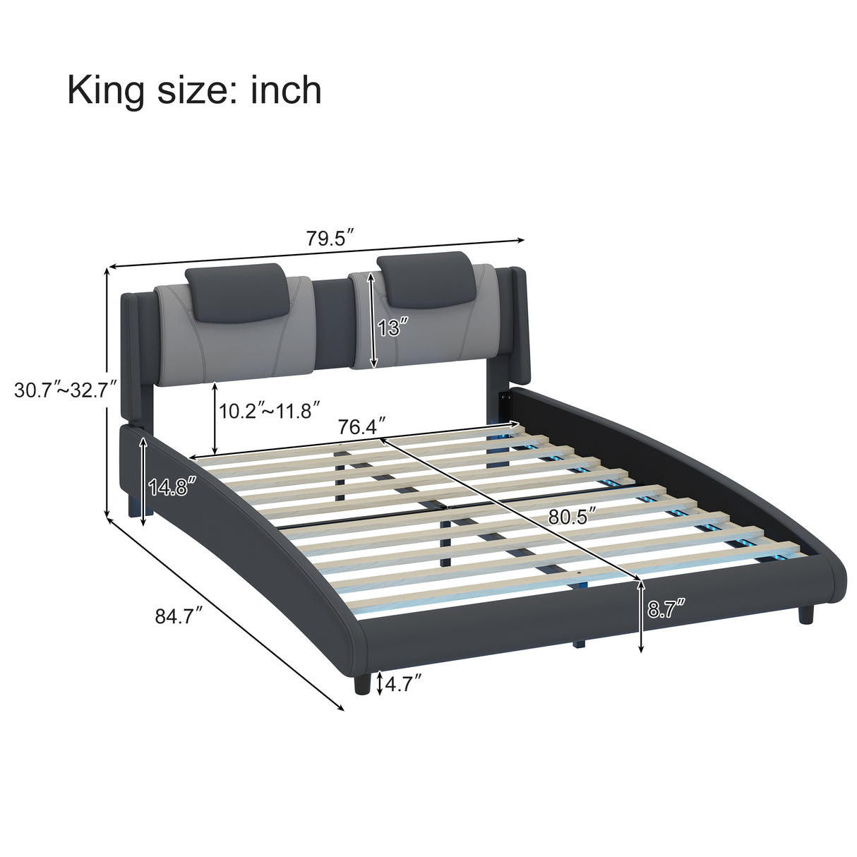 King Faux Leather Upholstered Platform Bed with LED Light and Adjustable Headboard, Gray