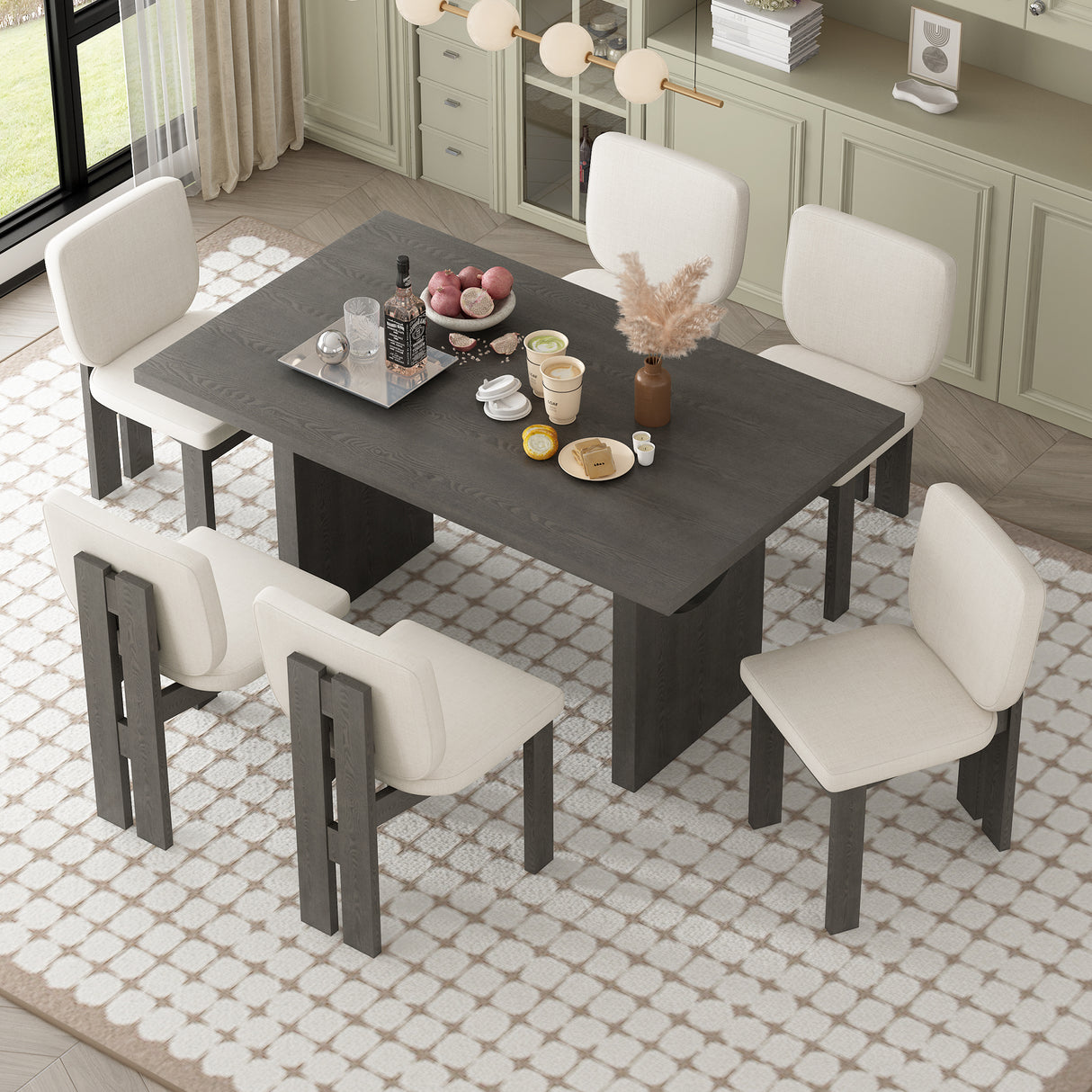 TREXM 7-Piece Retro Dining Set With Trestle Base and 6 Upholstered Chairs (Grey)