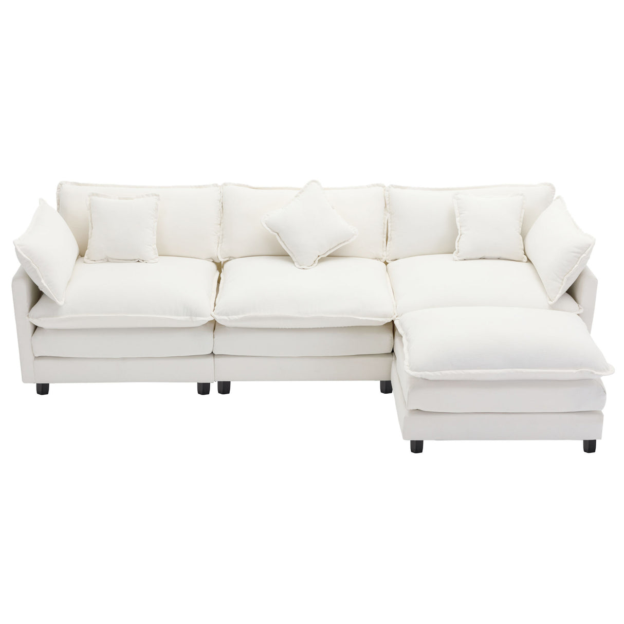 112.2" Chenille Upholstered Sofa with Ottoman and 5 Pillows - Off White