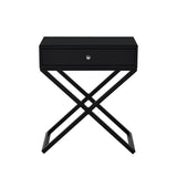 Koda - Wooden End Side Table Nightstand With Glass Top, Drawer And Metal Cross Base