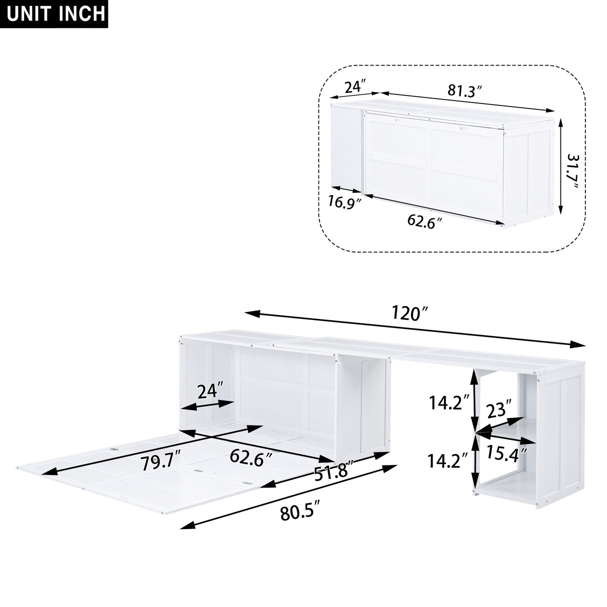 Queen Size Murphy Bed with Rotable Desk, White