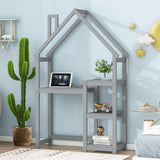 House-Shaped Wooden Writing Desk, Kids Study Table, Bookshelf & Toy Storage