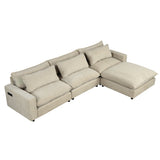 128" Chenille Cloud Sofa with Ottoman, Charging Ports and Three Back Pillows, Beige