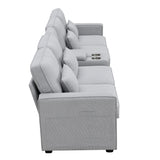 114.2" Upholstered Sofa with Console, 2 Cupholders, 2 USB Ports for Wired or Wireless Charge with 4 Pillows - Light Gray