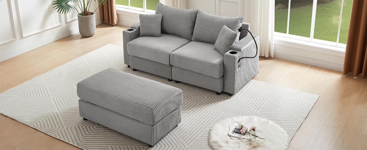 72.8" Modern Style Loveseat with Storage Space, Movable Ottoman, Two USB Ports, Two Cup Holders and Phone Holder - Gray