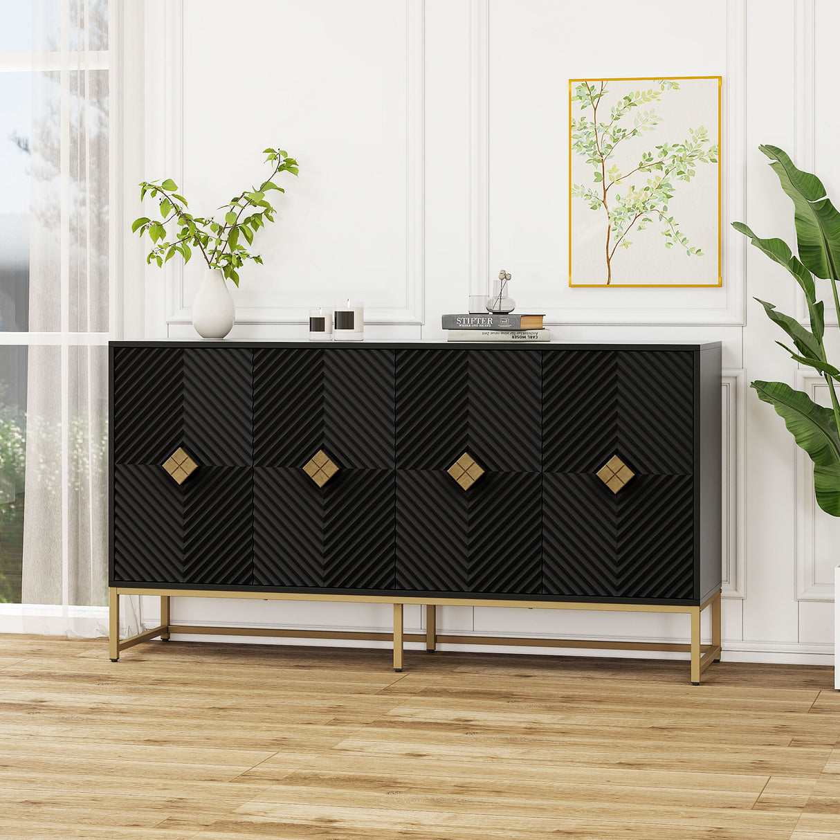 Carved 4 Door Cabinet With Storage - Black