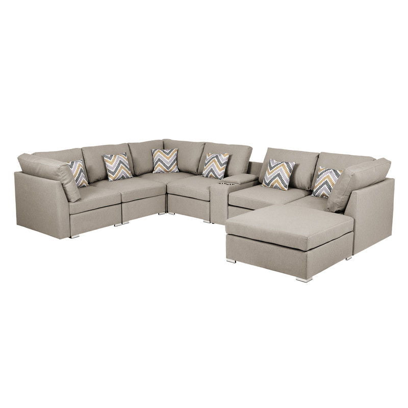 Lucy - Fabric Reversible Modular Sectional Sofa With USB Console And Ottoman - Beige