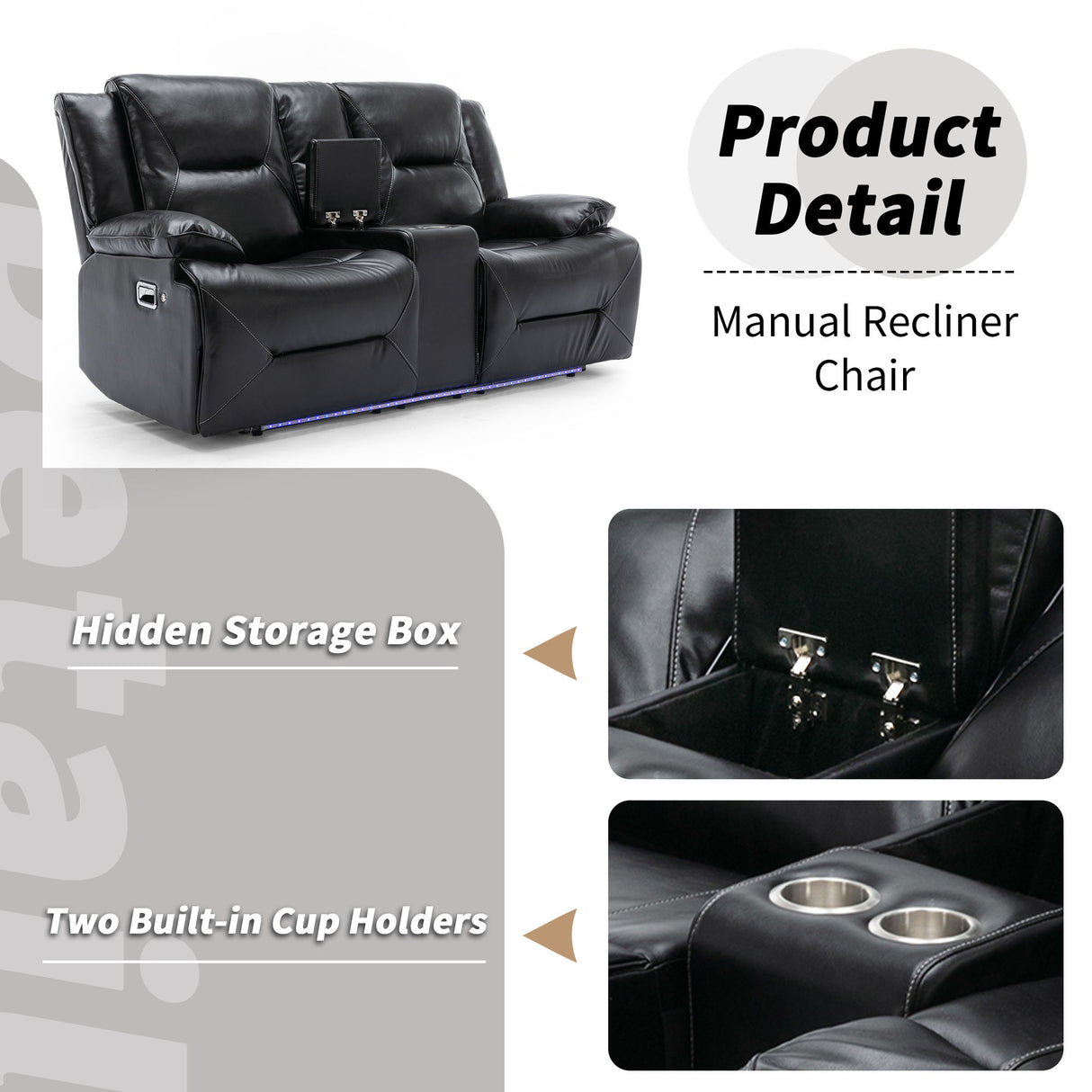 2 Seater Home Theater Recliner Manual Recliner Chair With A Led Light Strip Two Cup Holders And A Storage Box For Living Room