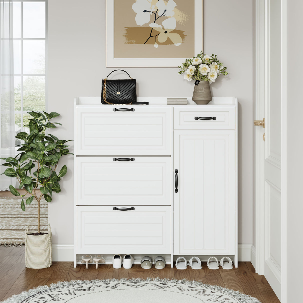 Shoe Cabinet With 4 Doors and 1 Drawer - White