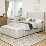 King Size Corduroy Upholstered Bed With 130L Storage Ottoman -  Light Grey