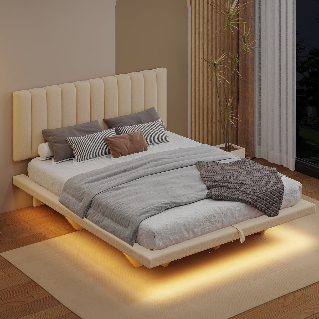 Queen Size Upholstered Floating Bed with LED Light and USB Port - Velvet Beige