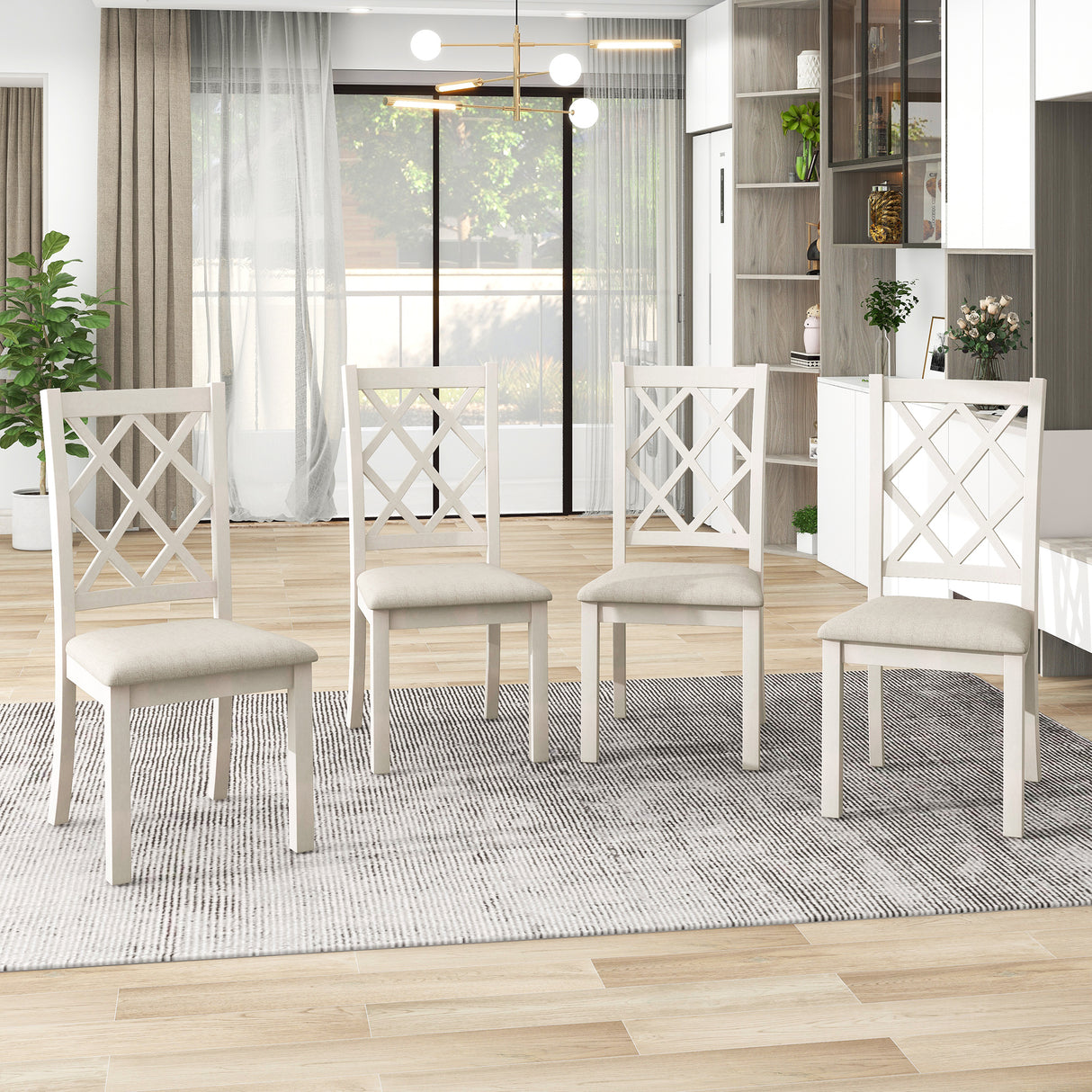 Solid Wood 5-Piece Round Dining Table Set with Upholstered Chairs - Walnut Top +Beige Chair