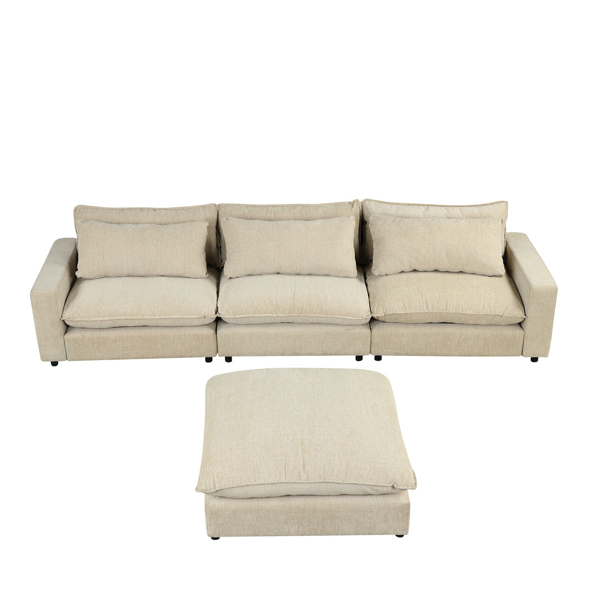 128" Chenille Cloud Sofa with Ottoman, Charging Ports and Three Back Pillows, Beige