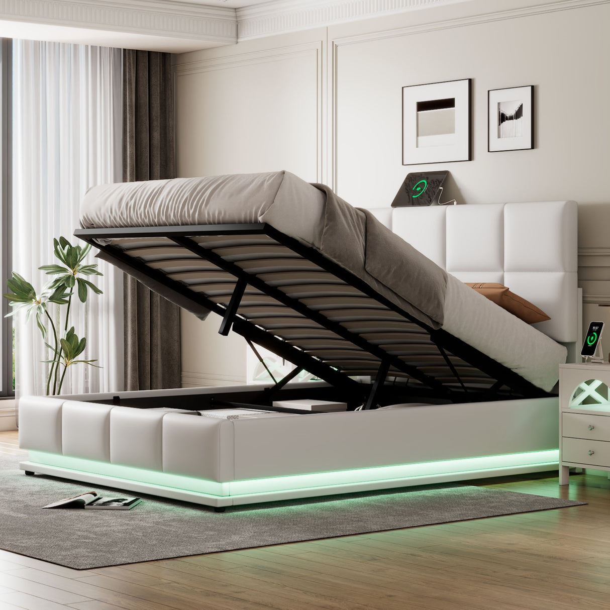 Full Size Tufted Upholstered Platform Bed with Hydraulic Storage System  with LED Lights and USB charger - White