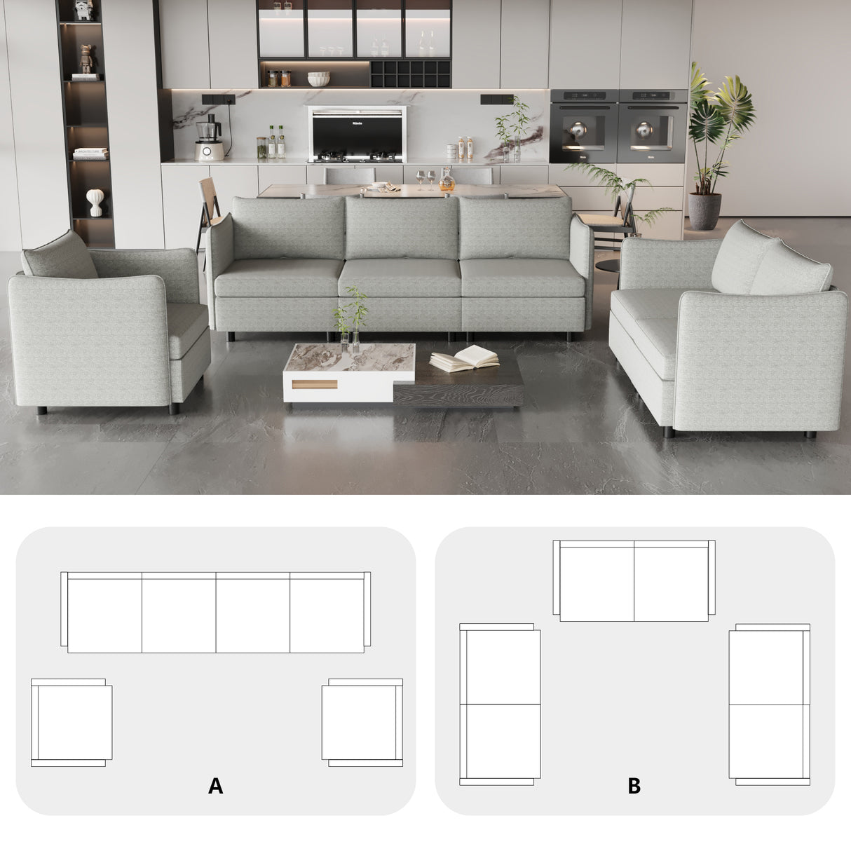 3 Pc Modular living room Set With Different Configurations, Light Gray