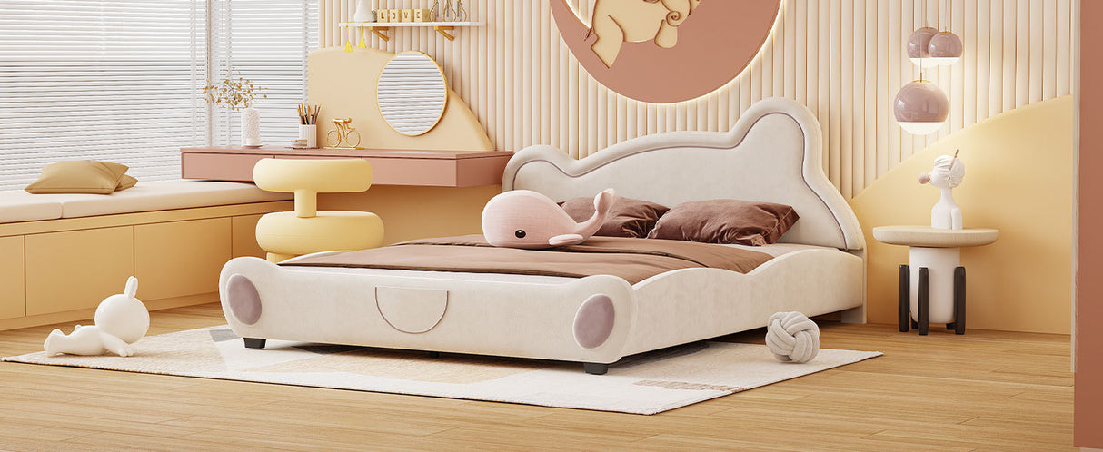 Queen Size Platform Bed with Bear-Shaped Headboard and Storage Pocket, Beige